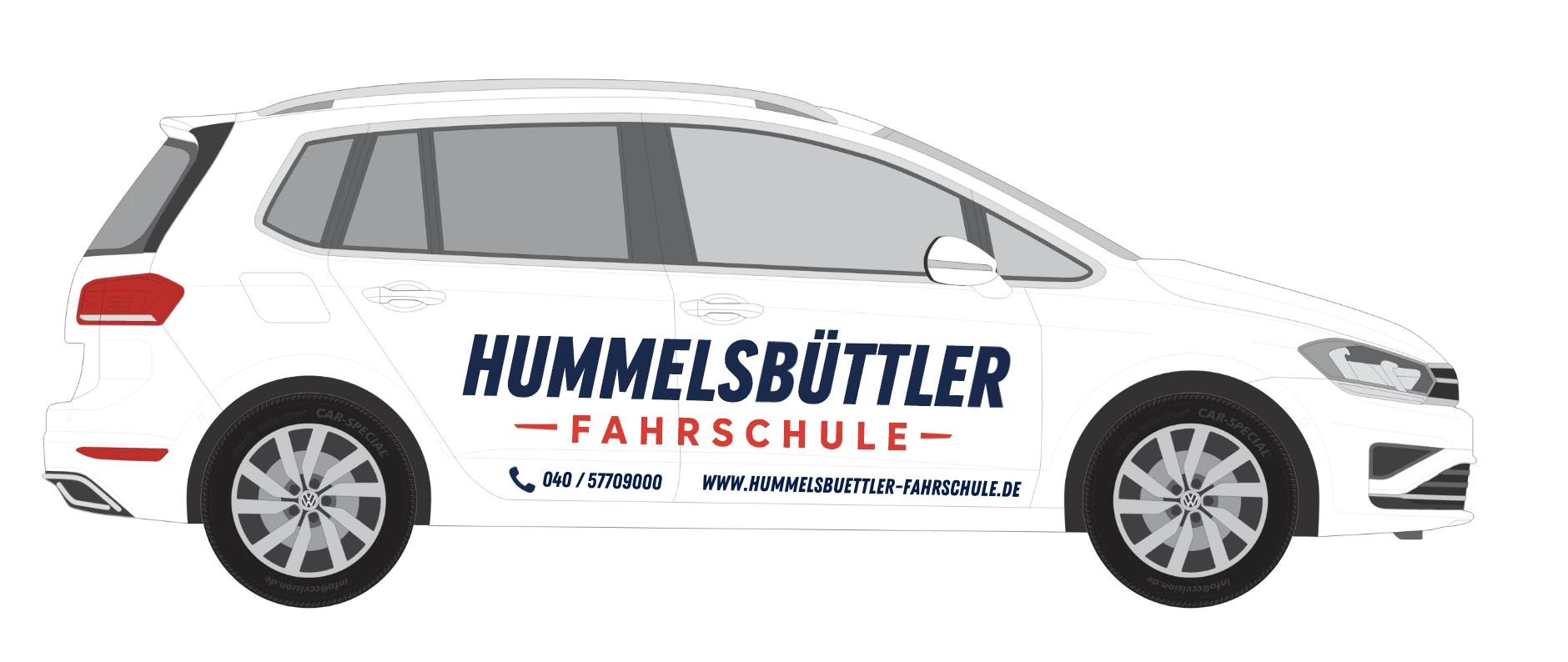 Weißer VW Golf Sportsvan der Hummelsbüttler Fahrschule